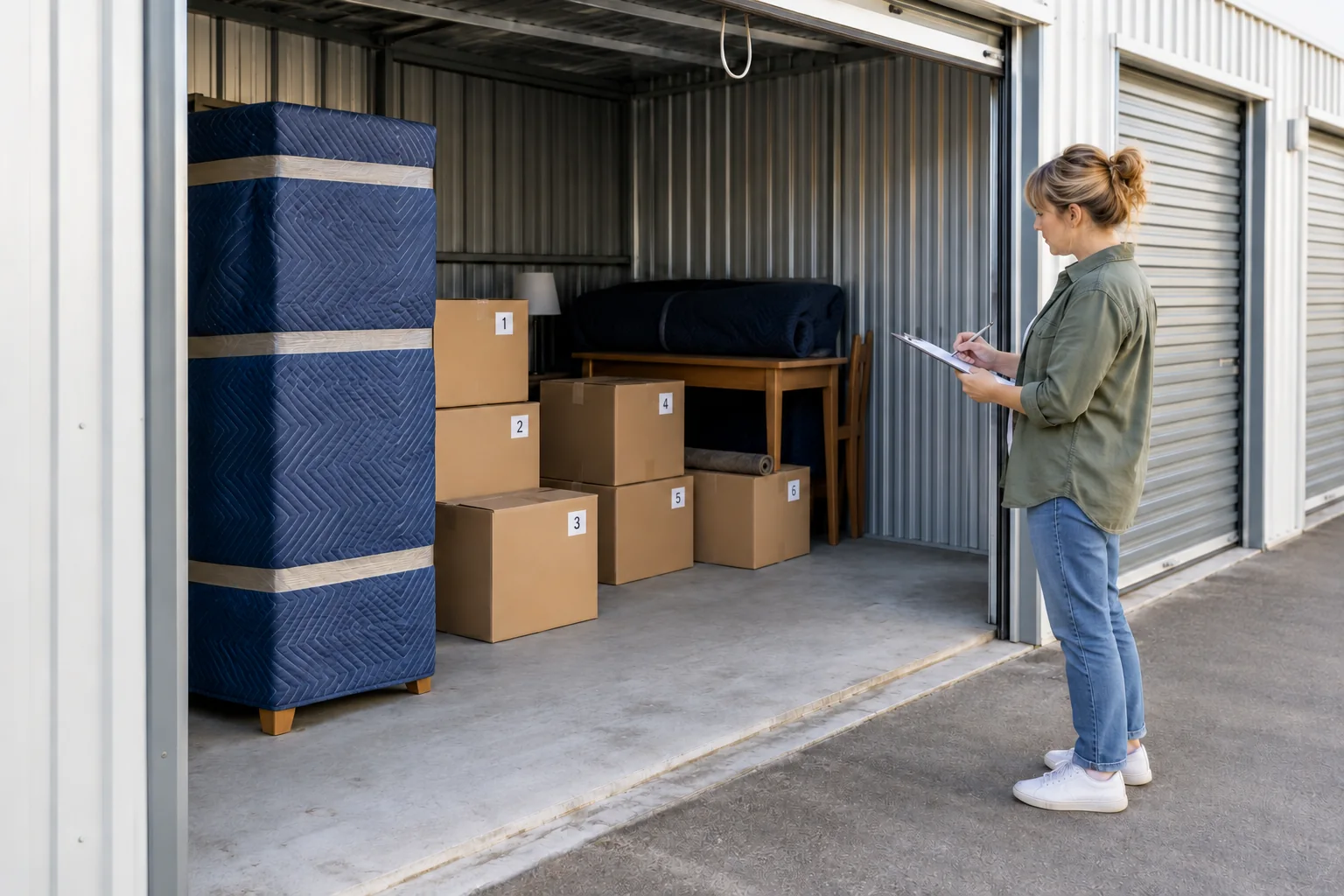Customer checking numbered cartons and protected household furniture against an inventory at an open storage unit