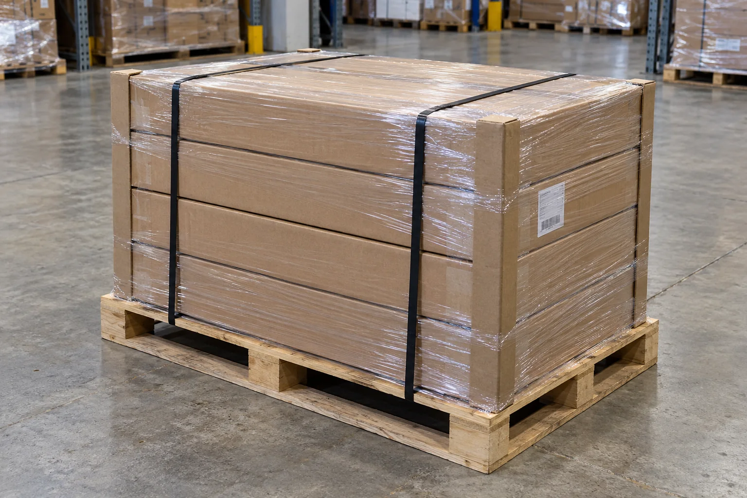 Boxed furniture secured within a timber pallet footprint with corner protection, bands and clear wrapping