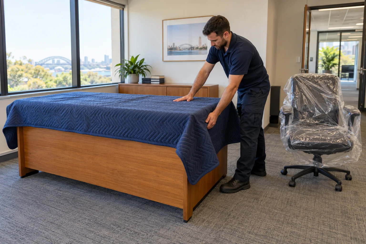 Removalist smoothing a protective moving blanket over an office desk beside a separately covered chair