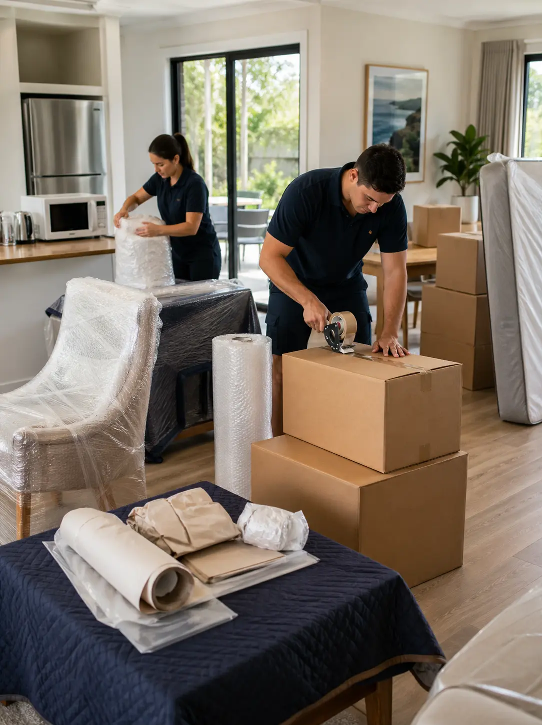 Professional packing services for moving to Darwin with wrapped furniture and clearly packed cartons