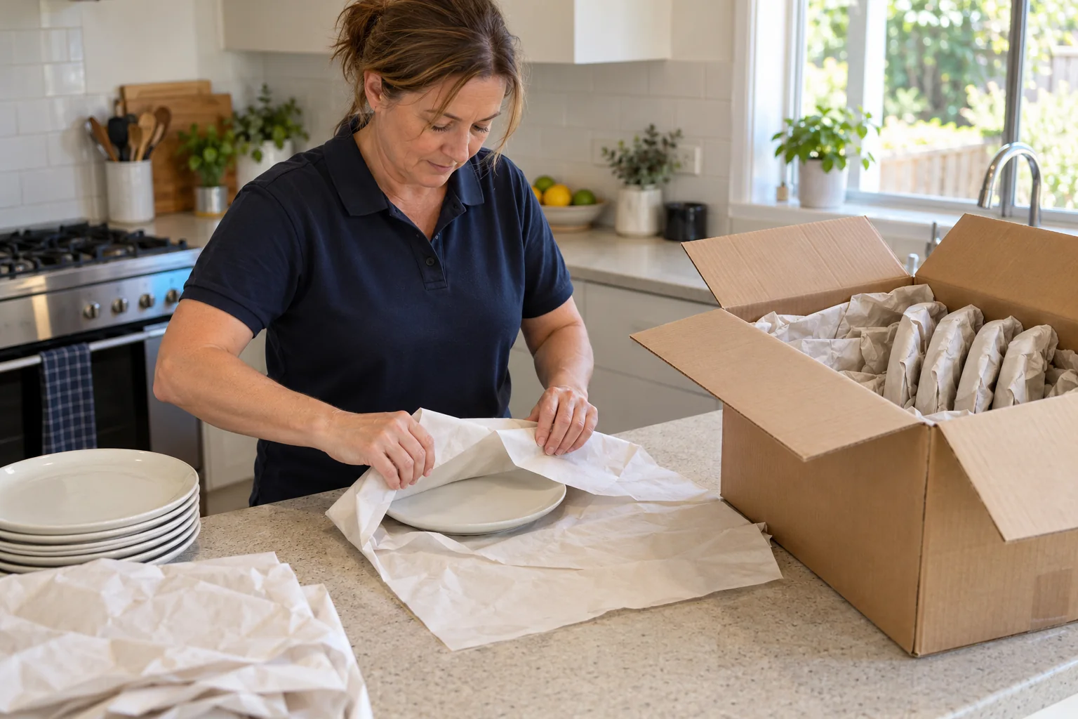 Woman wrapping one dinner plate in clean packing paper beside an open carton containing individually wrapped plates on edge