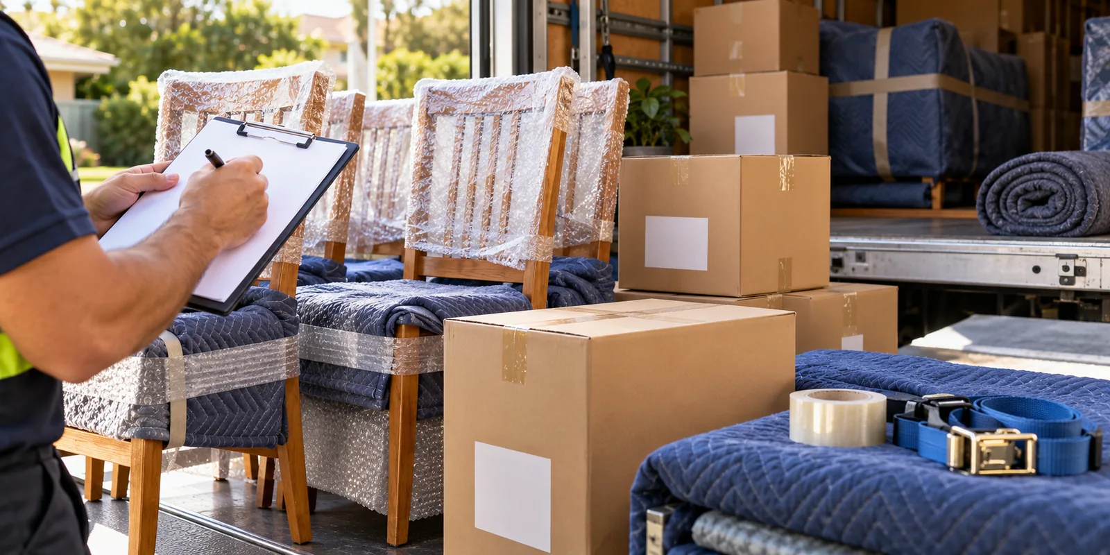 Illustration of labelled boxes and protected furniture for a Perth to Brisbane removal
