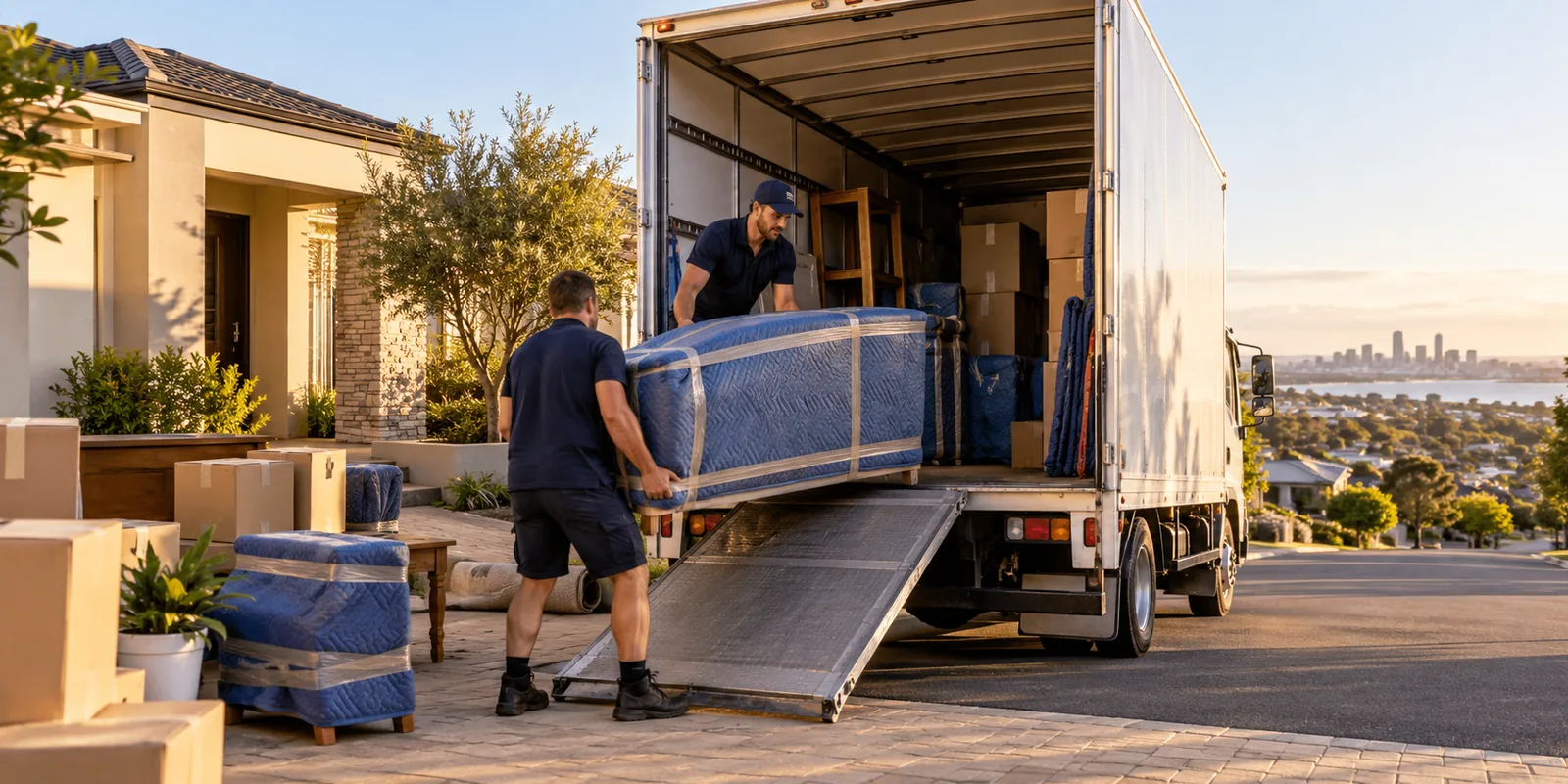 Illustration of a cross-country household move from Perth to Brisbane