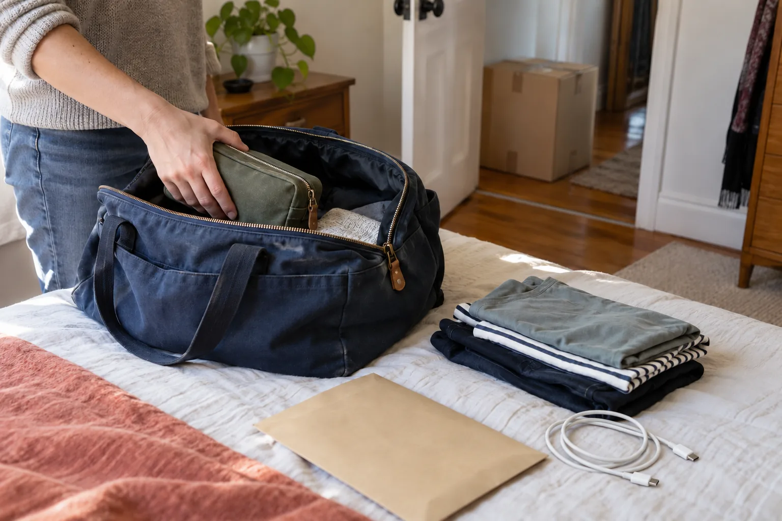Personal travel bag with toiletries, clothes, a document envelope and charging cable