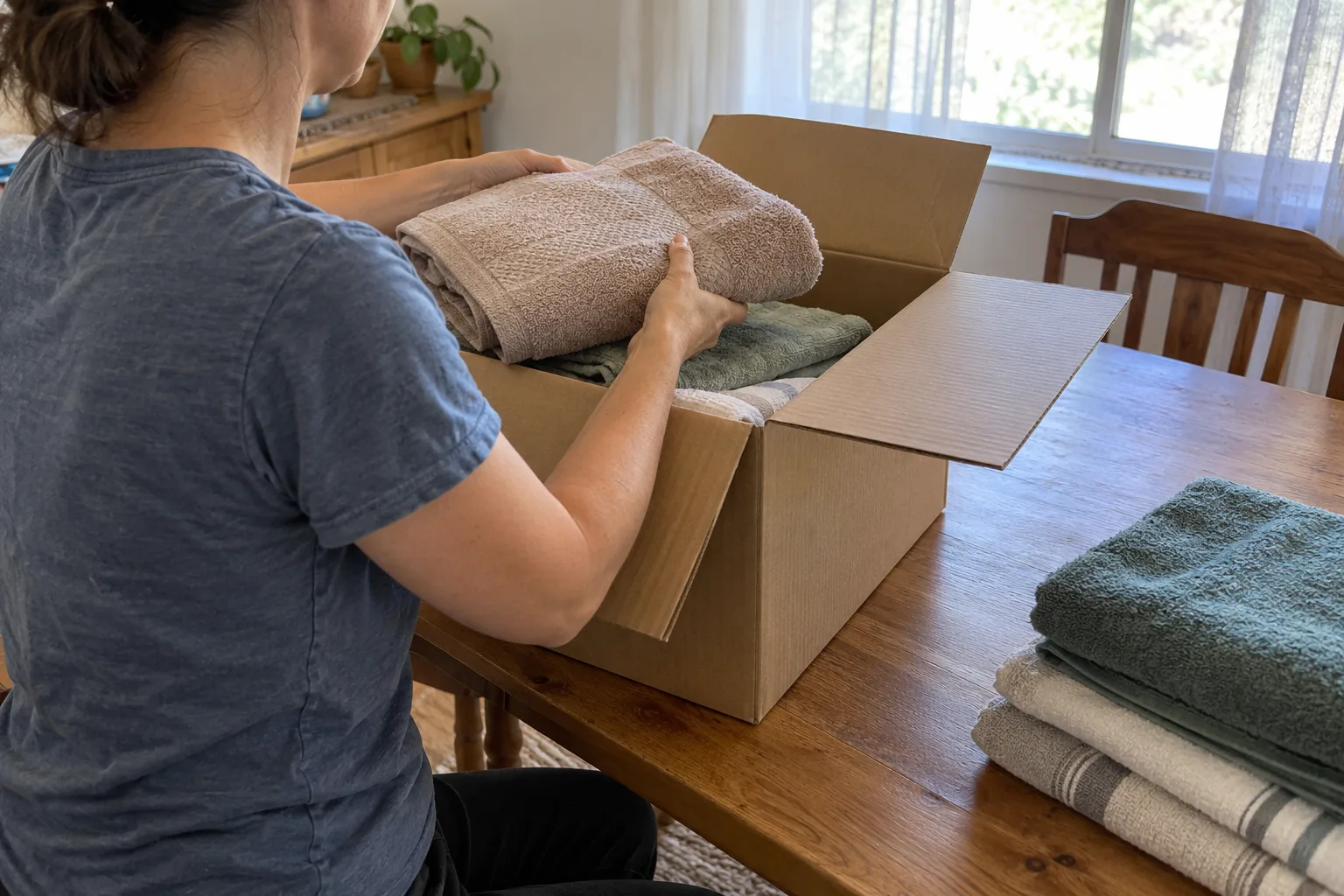 Householder placing folded dry towels into a sturdy open moving carton