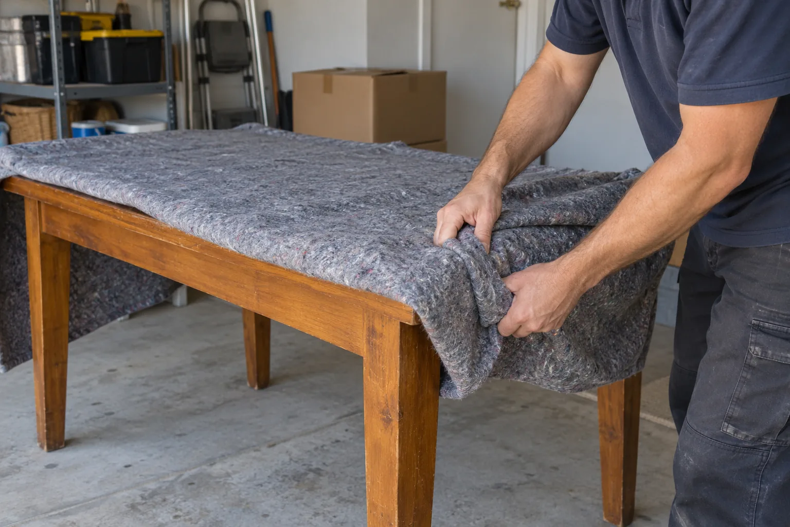 Removal worker folding a moving blanket around a timber dining table corner