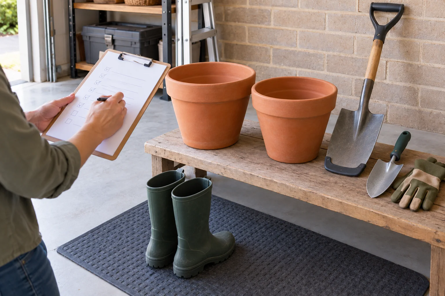 Clean empty pots, protected garden tools and clean boots beside an outdoor-equipment inventory being checked
