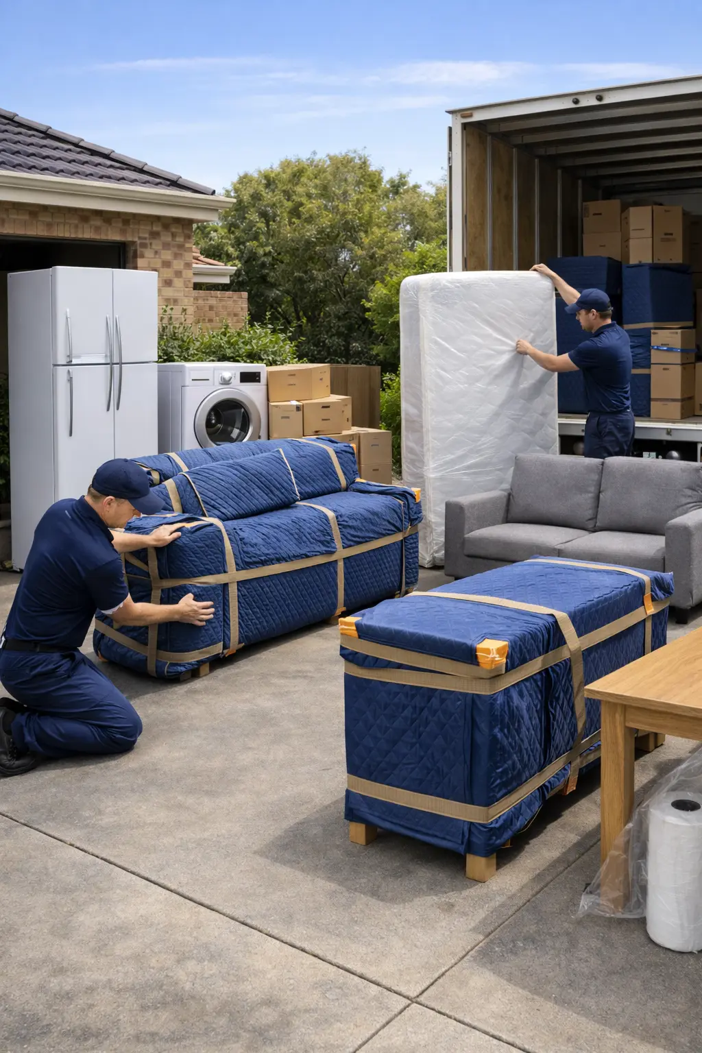 Perth long-distance furniture move with wrapped lounges mattresses and whitegoods secured for transport