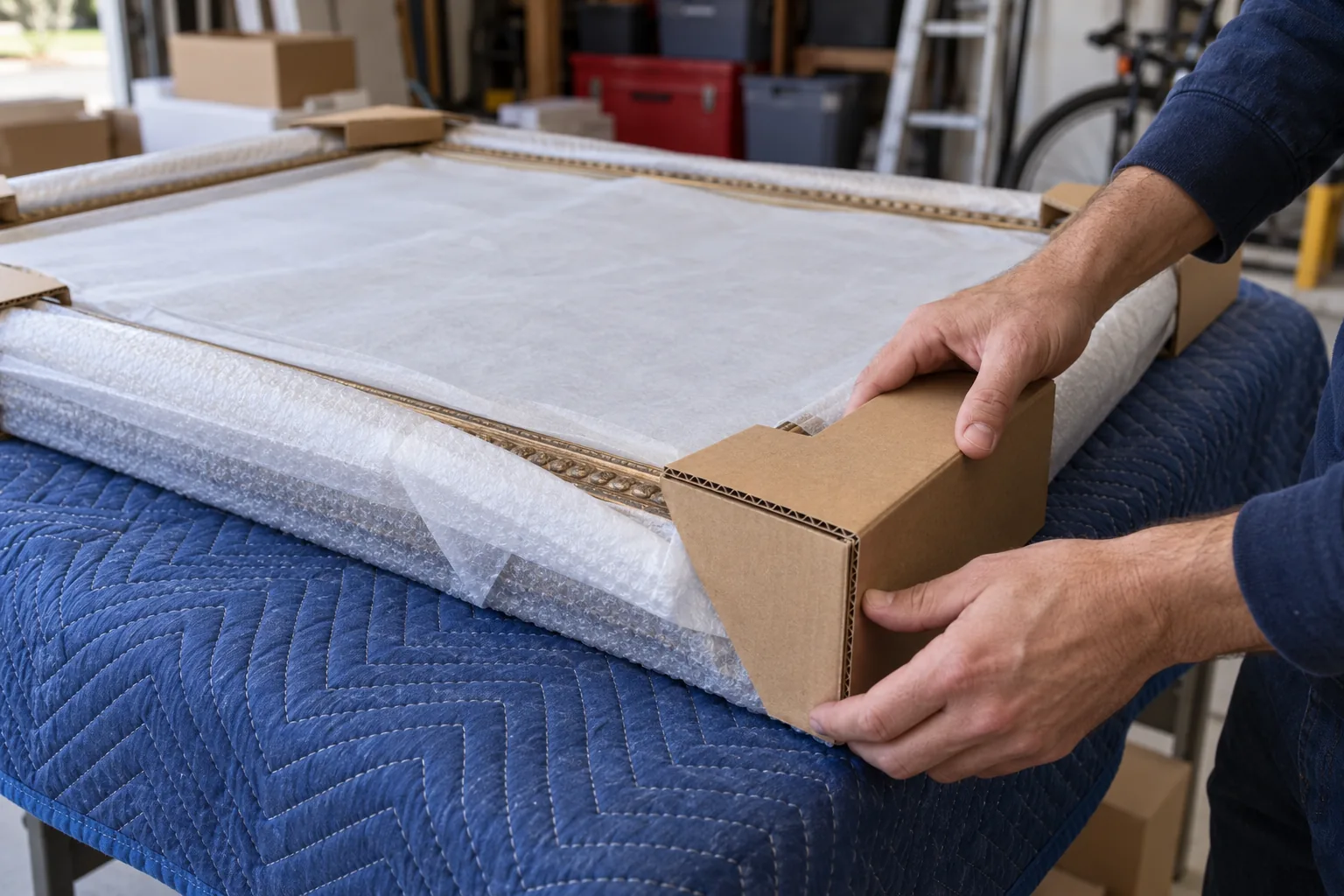 Worker fitting a cardboard corner protector around a padded framed mirror