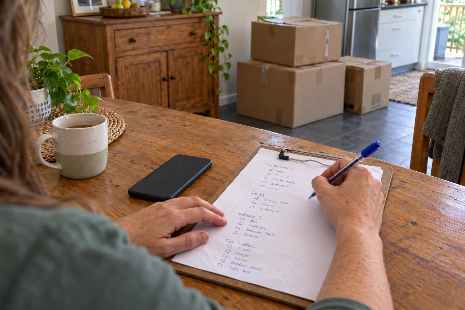 Homeowner checking a household furniture inventory before requesting a moving quote