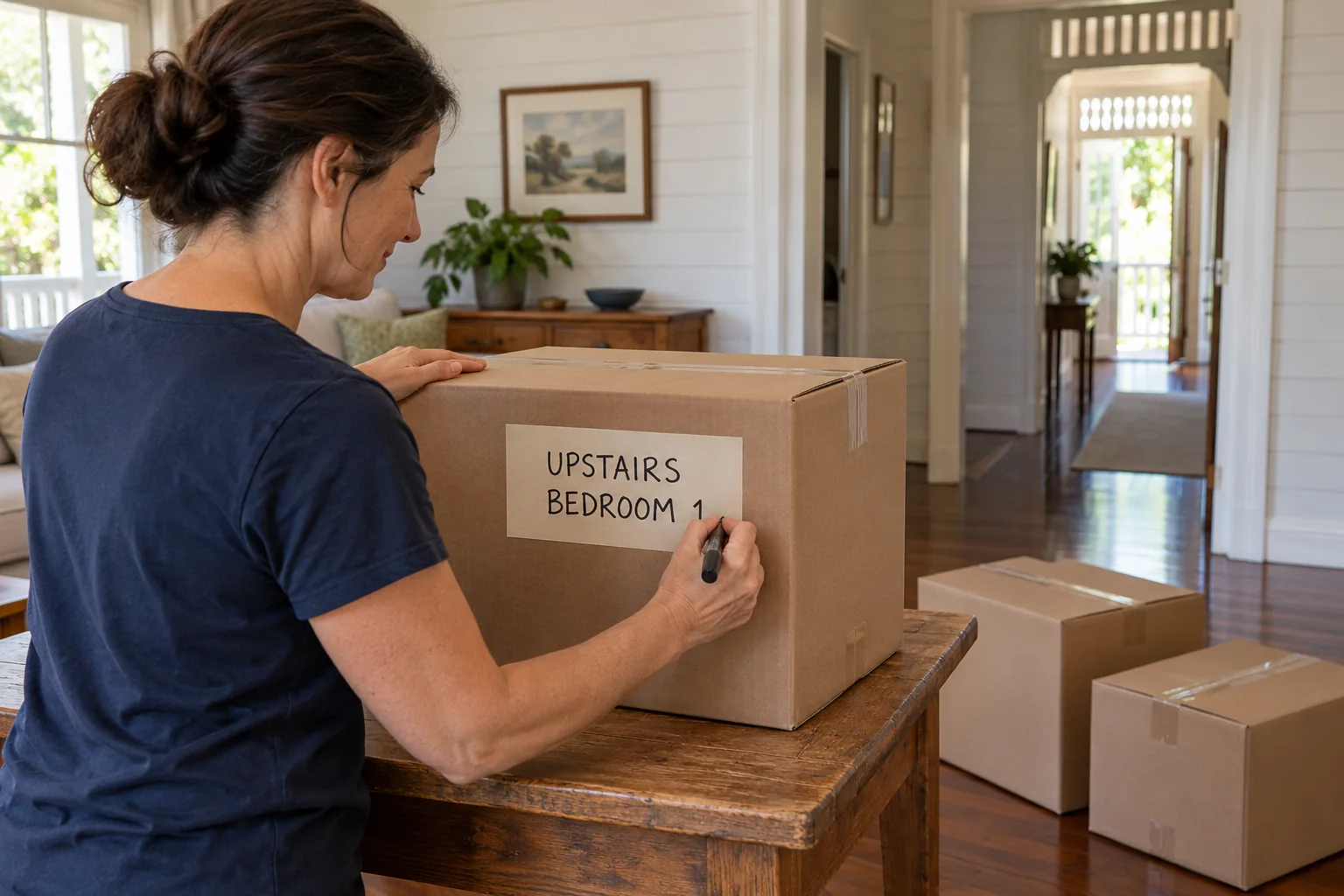 Woman writing Upstairs Bedroom 1 on a sealed moving carton beside a clear hallway in a Queenslander home
