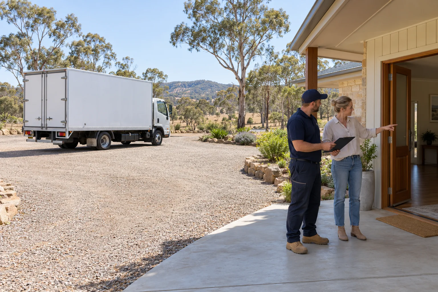 Homeowner and removalist checking a clear entrance route beside a firm rural parking area with a stationary removal truck