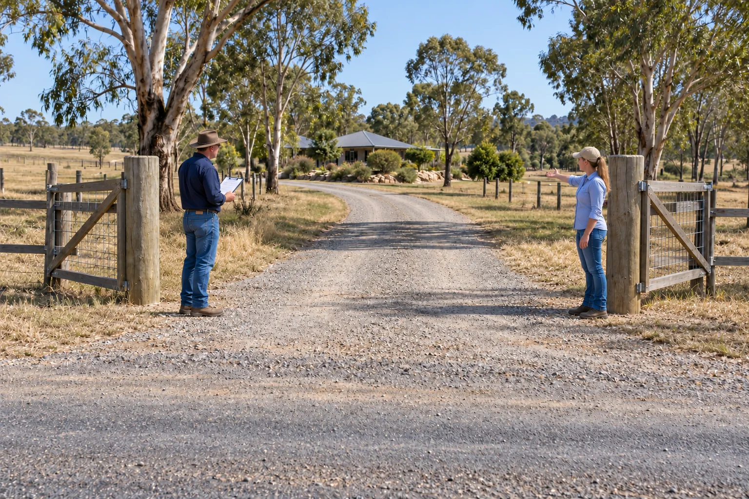 Two people reviewing an open rural property entrance and curved gravel driveway with an access checklist