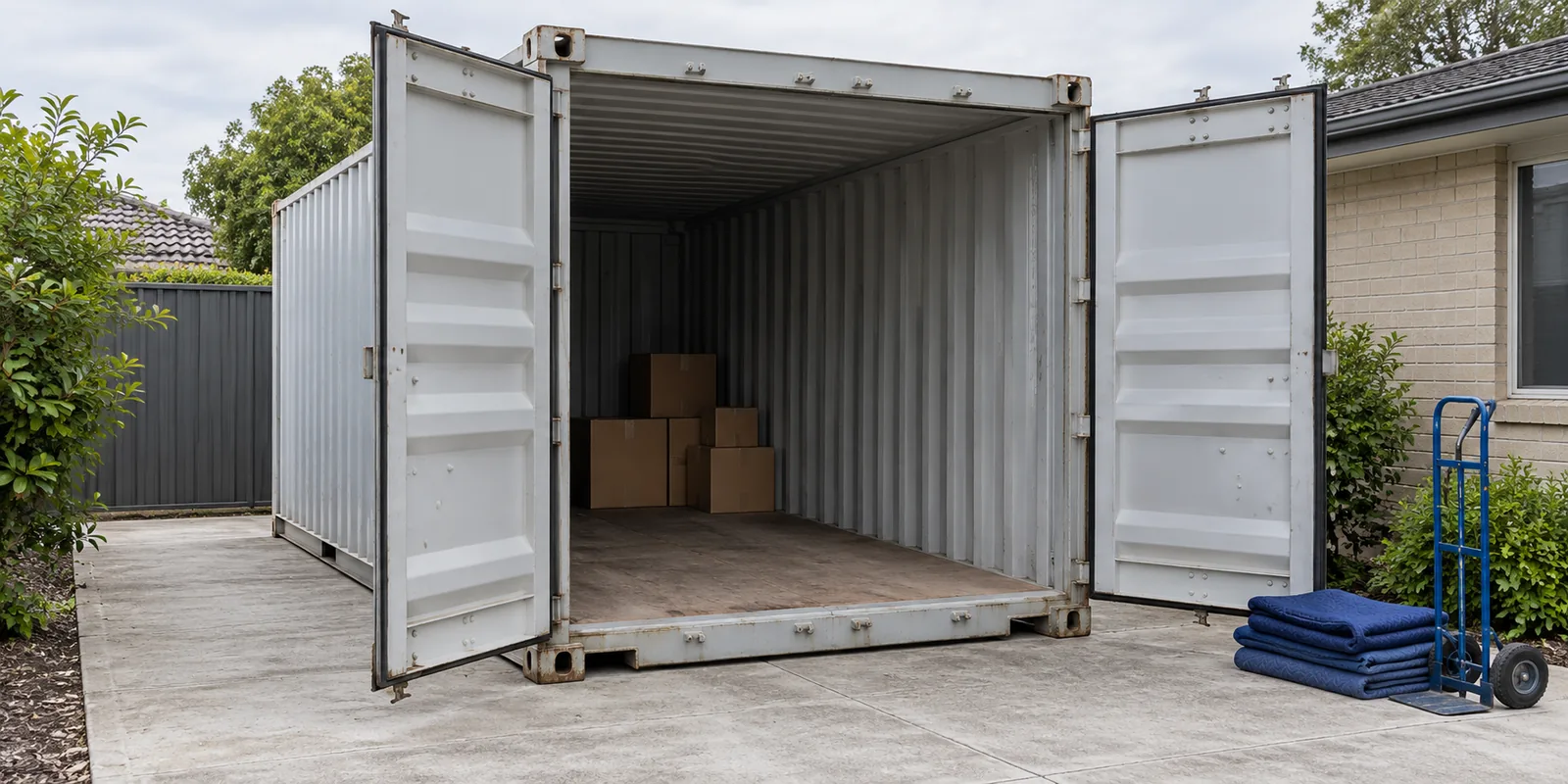 Illustration of an open shipping container on a private concrete pad with a few cartons inside and packing equipment nearby