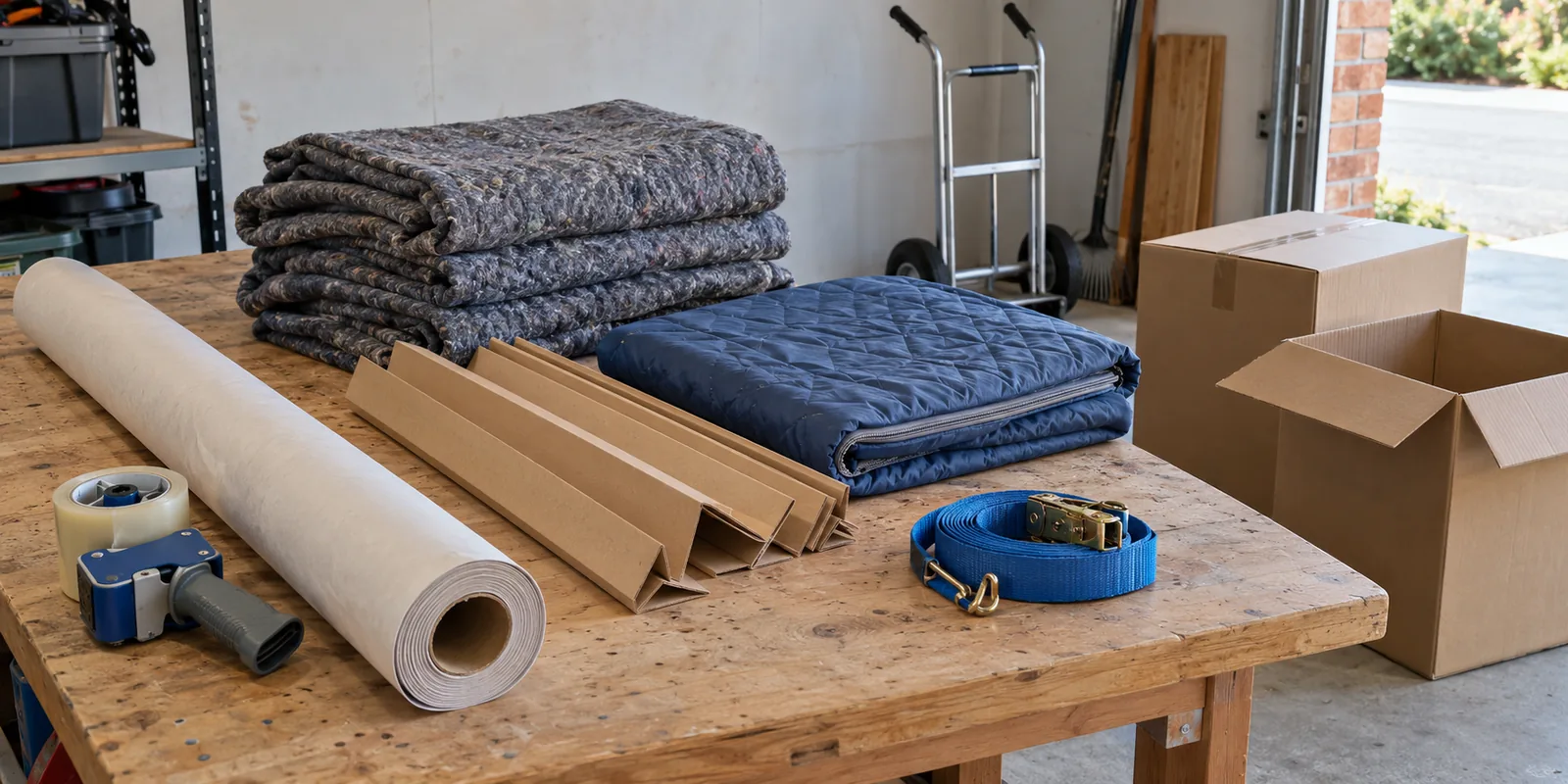 Illustration of packing paper, cardboard protectors, moving blankets, tape and a transport strap laid out on a garage workbench