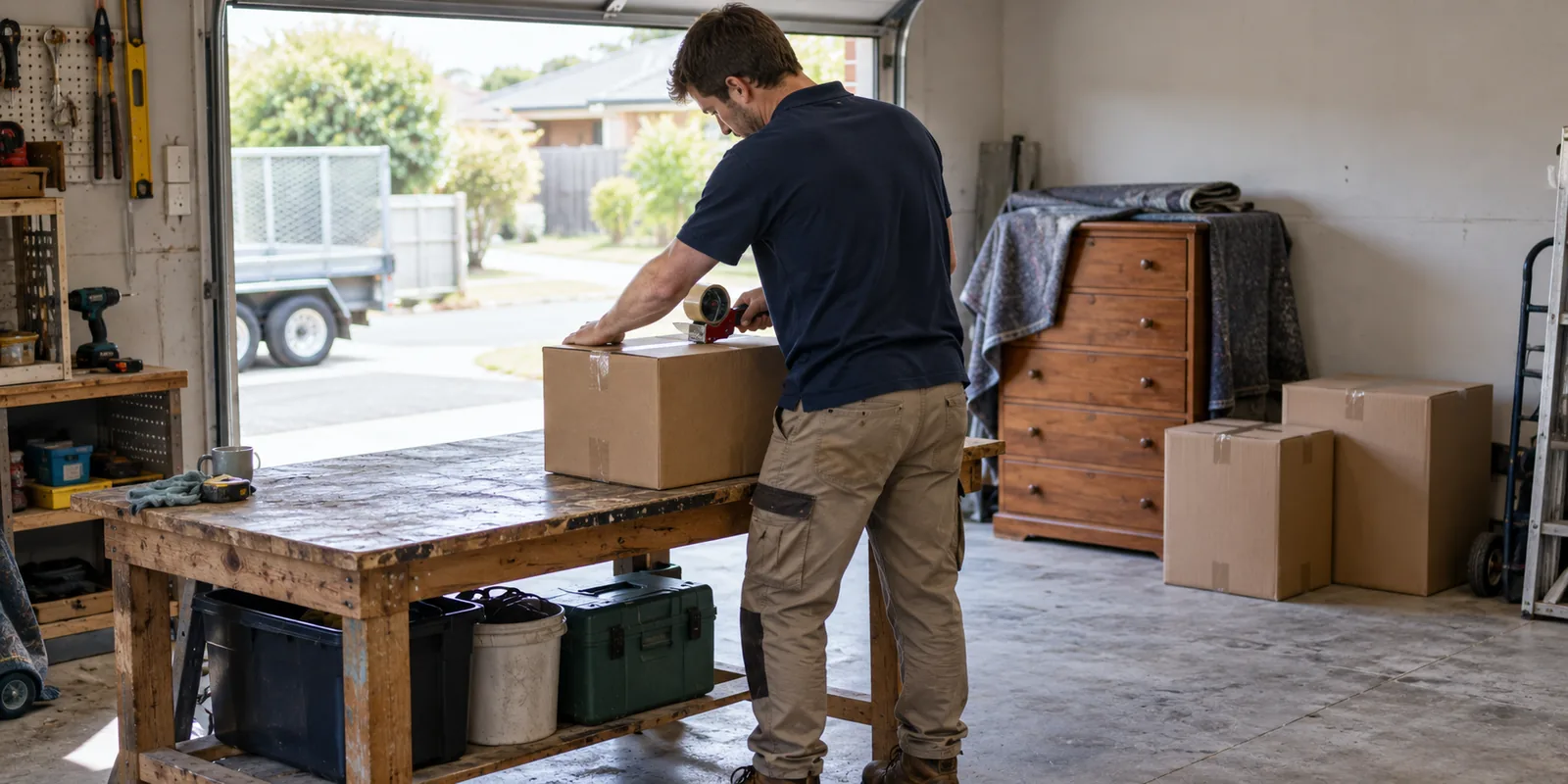 Illustration of a worker sealing a moving carton at a garage workbench beside protected timber furniture