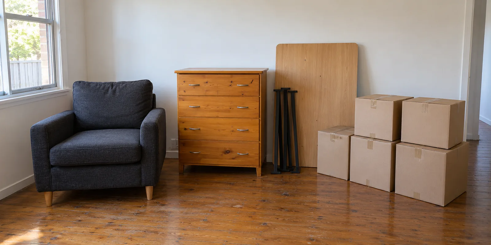 Illustration of an armchair, timber drawers, dismantled desk and closed moving cartons grouped in an ordinary living room