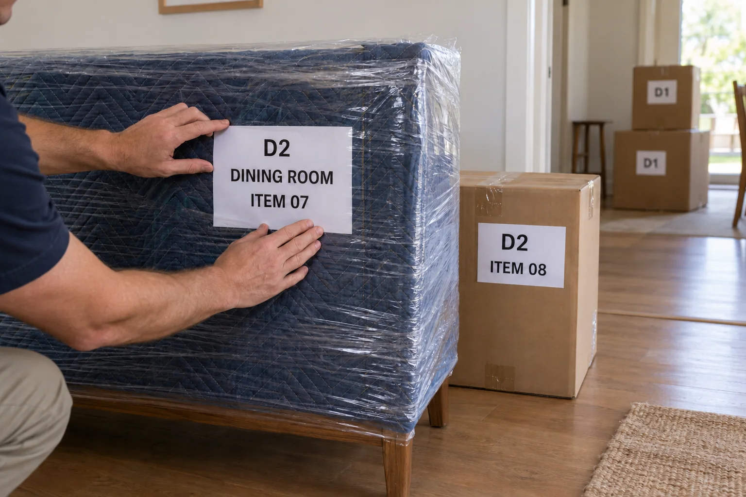 Hands placing a D2 dining-room item label on wrapped furniture, with D1 and D2 cartons kept separate