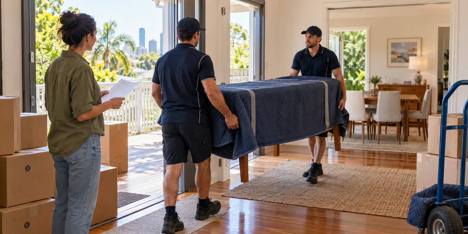 Illustrative Brisbane household reviewing numbered cartons and furniture with a removal crew at delivery