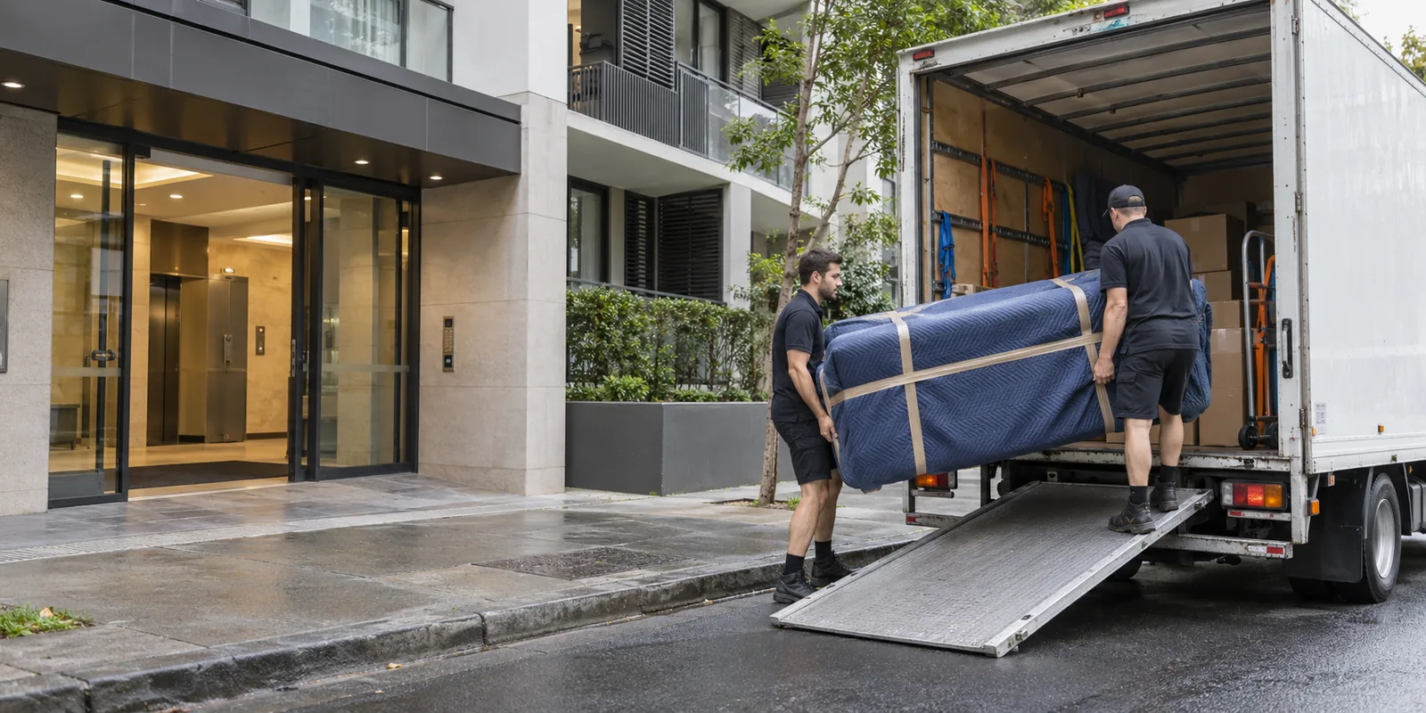 Illustrative removal crew loading protected furniture at a Sydney apartment for a long-distance move