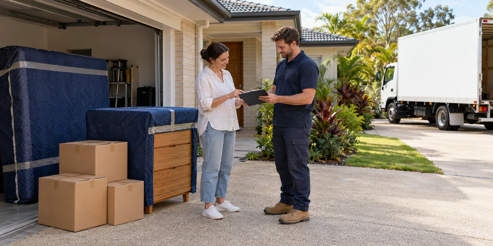 Illustration of a resident and removal worker checking a small furniture delivery beside a Port Macquarie-style home