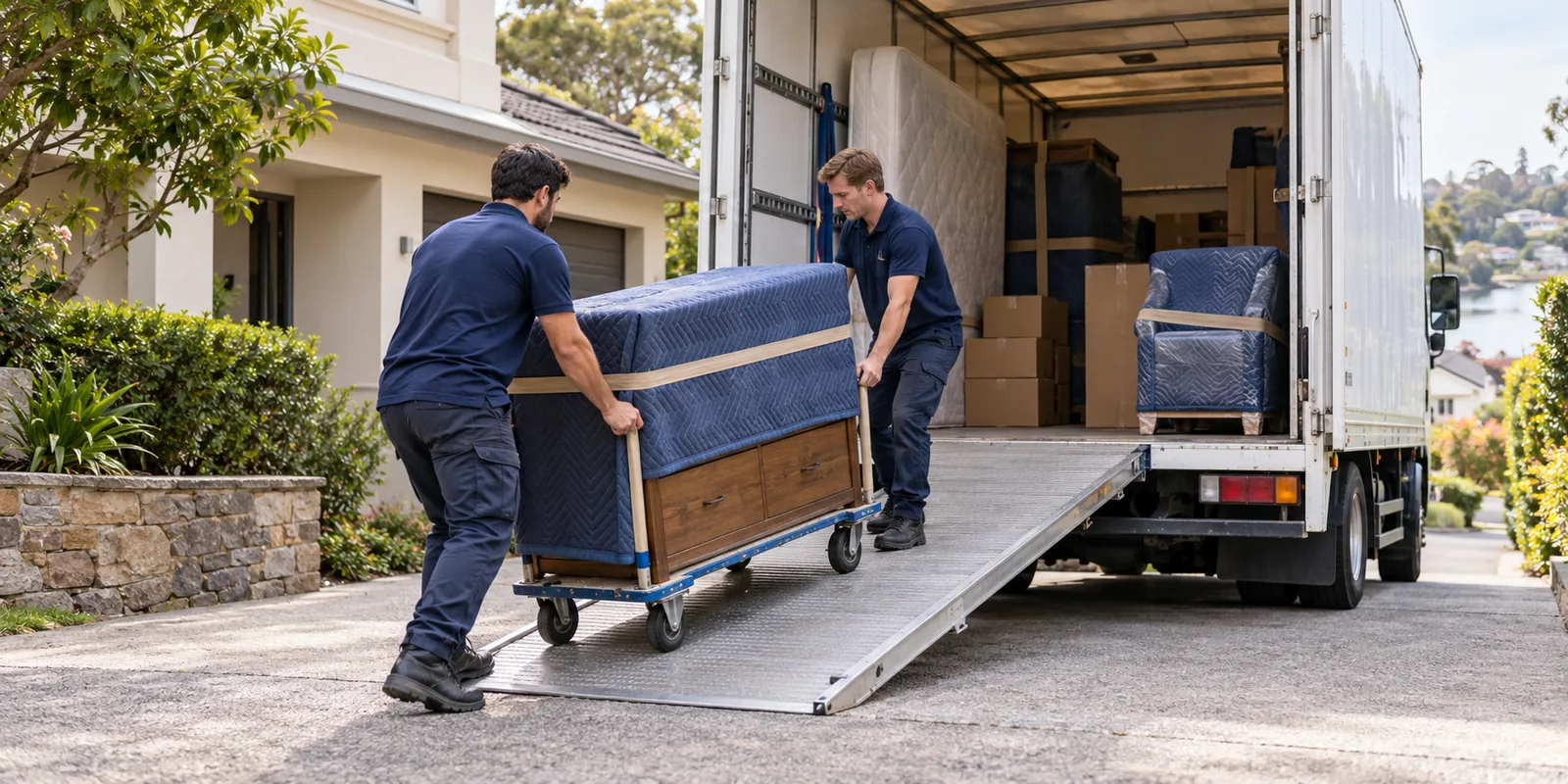 Illustration of removal workers guiding a protected timber dresser into a furniture truck with other secured household goods