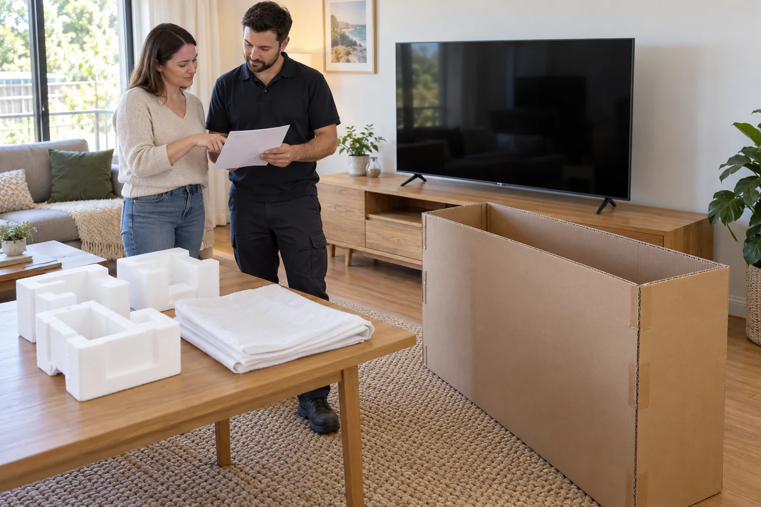 Homeowner and removalist reviewing replacement packaging beside an upright television, an empty TV carton and separate protective inserts